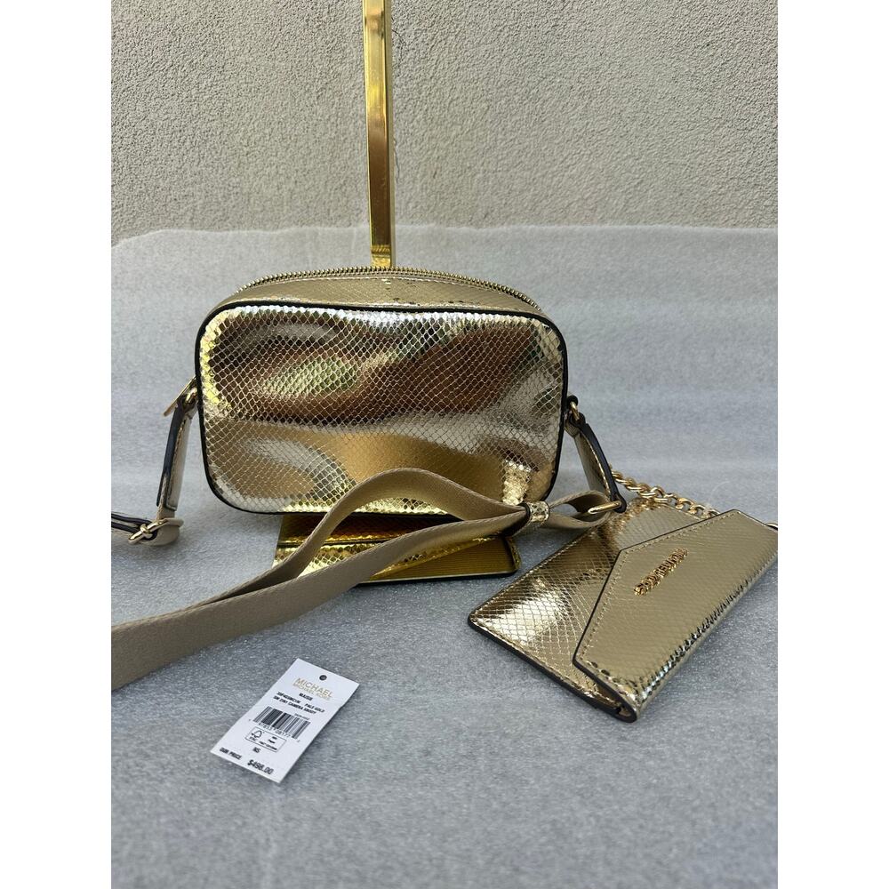NWT Michael Kors Maisie Gold Metallic Snake Embossed Camera Crossbody Bag+Wallet - Picture 2 of 9